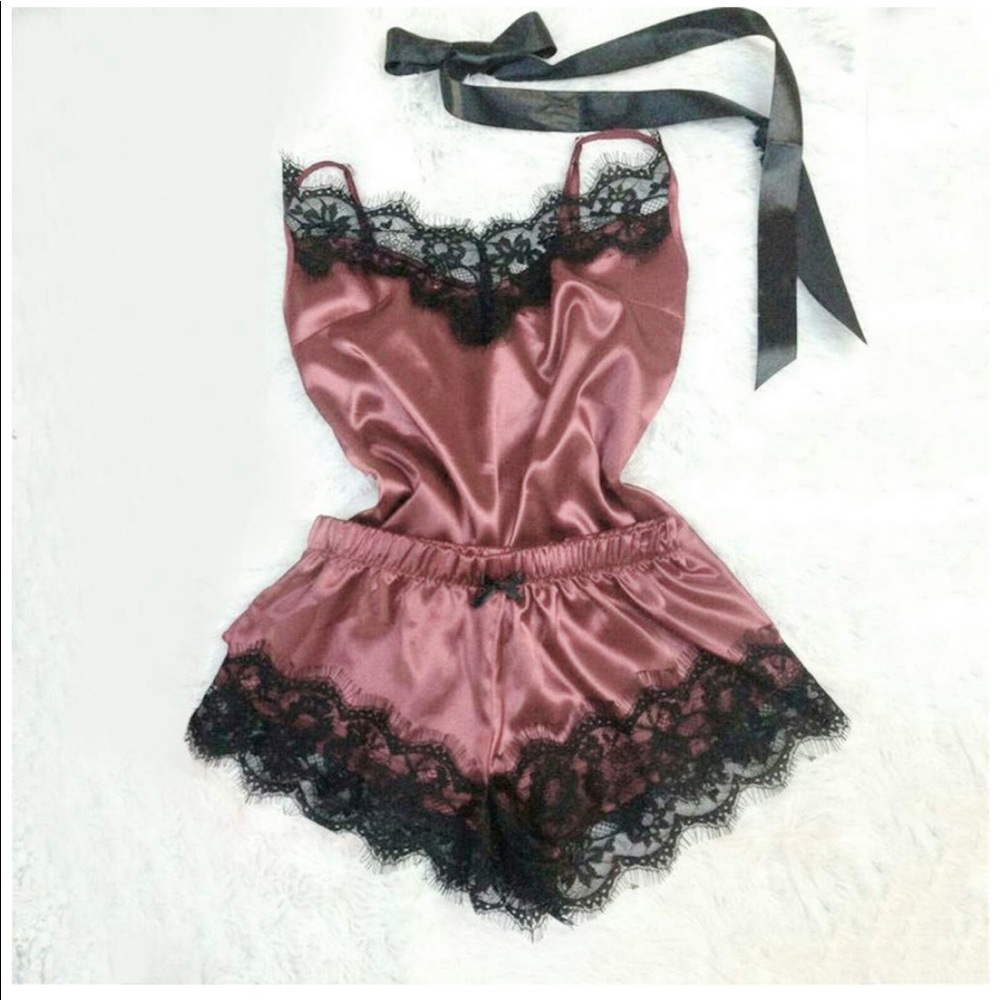 Womens Two Piece Pajama Set Satin Lace Trim Size L